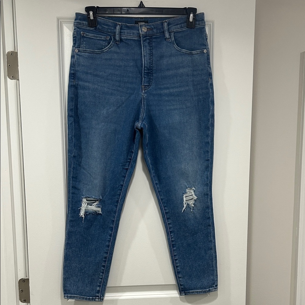 Express Cropped Skinny High Rise Hyper Stretch Distressed Ankle Jeans